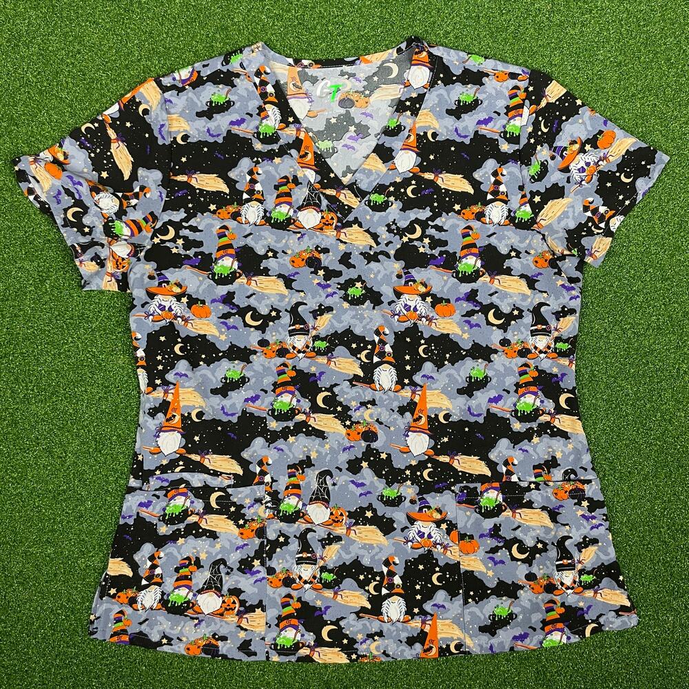 GT Performance Womens Halloween Print Medical Nursing Uniform Scrub Top Sz XL